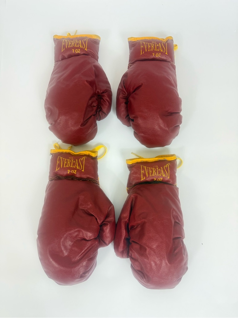 Vintage Everlast 60’s 70’s Leather Boxing Gloves Maroon Oxblood Yellow Lace Up